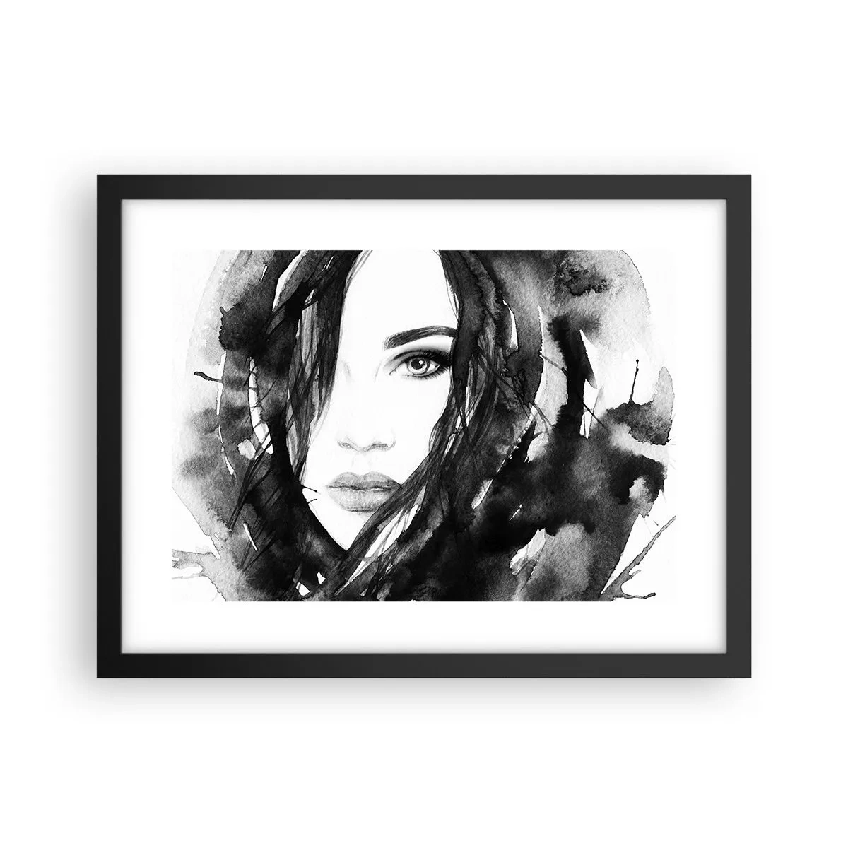 Affiche dans un cadre noir - Poster - Portrait d'une dame en noir et blanc - 40x30 cm