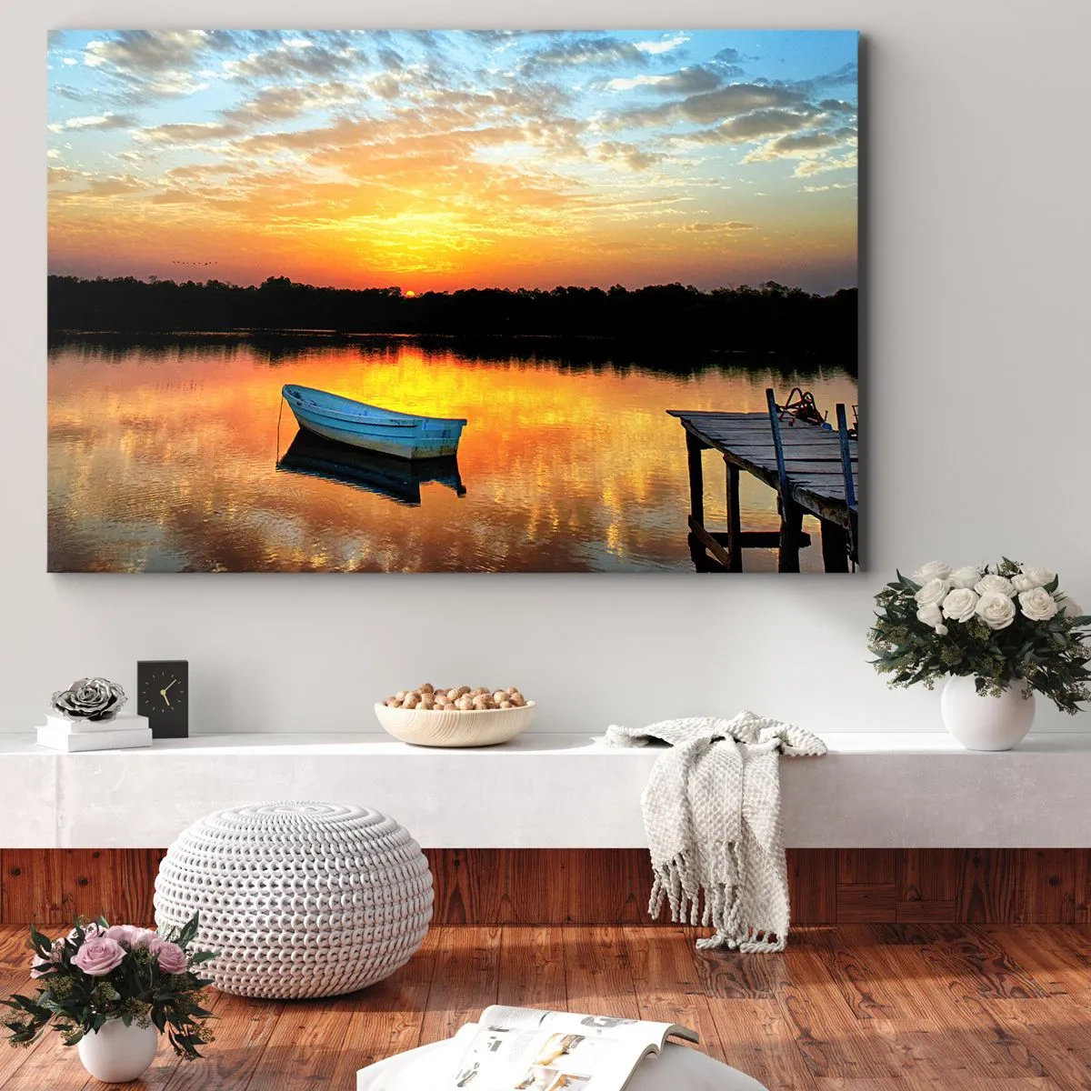 Impression sur toile - Image sur toile - Un bateau sur un lac calme au coucher du soleil - 70x50cm - Regardez, écoutez, méditez - Décoration murale moderne pour le salon et la chambre ARTTOR