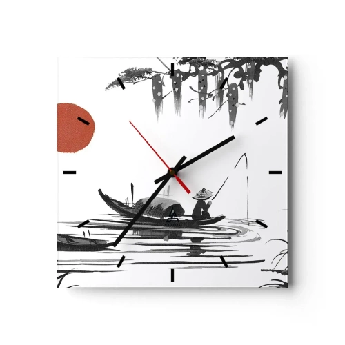 Horloge murale - Pendule murale - Paysage oriental avec un pêcheur sur un bateau et un soleil rouge - 30x30cm - Après-midi asiatique - Décoration murale moderne pour le salon et la chambre ARTTOR