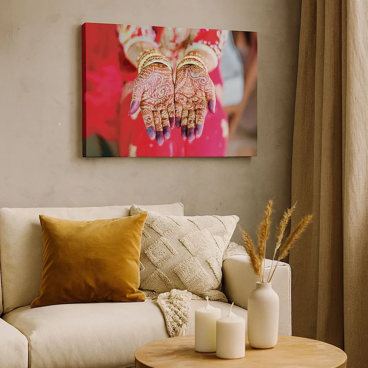 Impression sur toile - Image sur toile - Mains décorées au henné sur fond de robe rouge - 70x50cm - Prêt à saisir votre chance - Décoration murale moderne pour le salon et la chambre ARTTOR