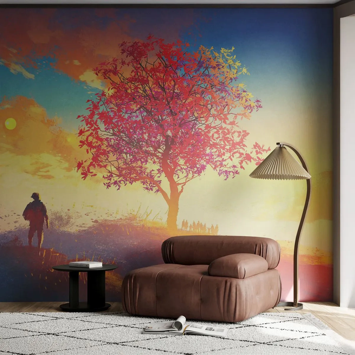 Papier Peint Photo Premium Sand - Une silhouette solitaire dans la nature avec un arbre coloré sur fond de soleil - 100x70cm - Pèlerin à destination - Décoration murale moderne pour le salon et la chambre ARTTOR