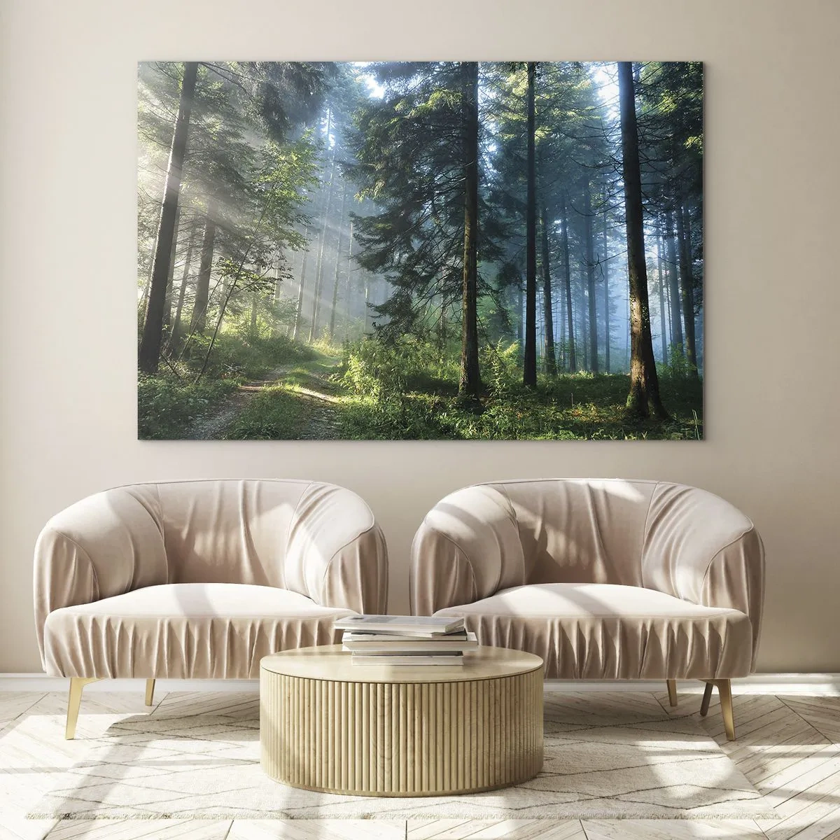 Impression sur verre - Image sur verre - Un chemin forestier dans la brume matinale parmi de grands arbres - 70x50cm - Rayonnant le matin - Décoration murale moderne pour le salon et la chambre ARTTOR