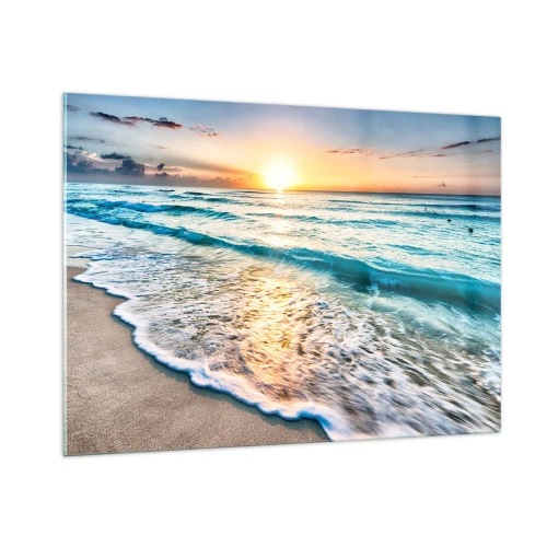 Impression sur verre - Image sur verre - Plage le matin avec vagues et lever de soleil - 100x70cm - Une vue qui en vaut la peine - Décoration murale moderne pour le salon et la chambre ARTTOR