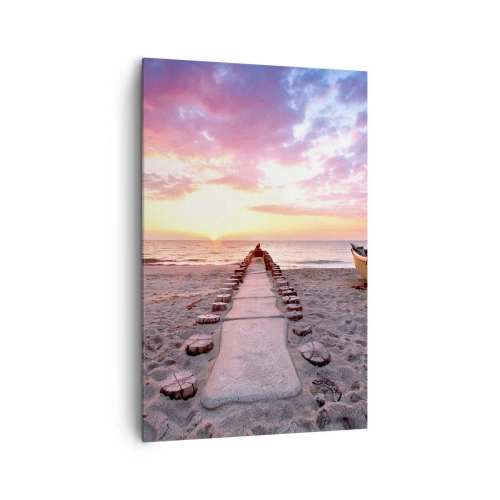 Impression sur toile - Image sur toile - Plage au lever du soleil avec bateau et jetée - 80x120cm - Moment d'expérience profonde - Décoration murale moderne pour le salon et la chambre ARTTOR