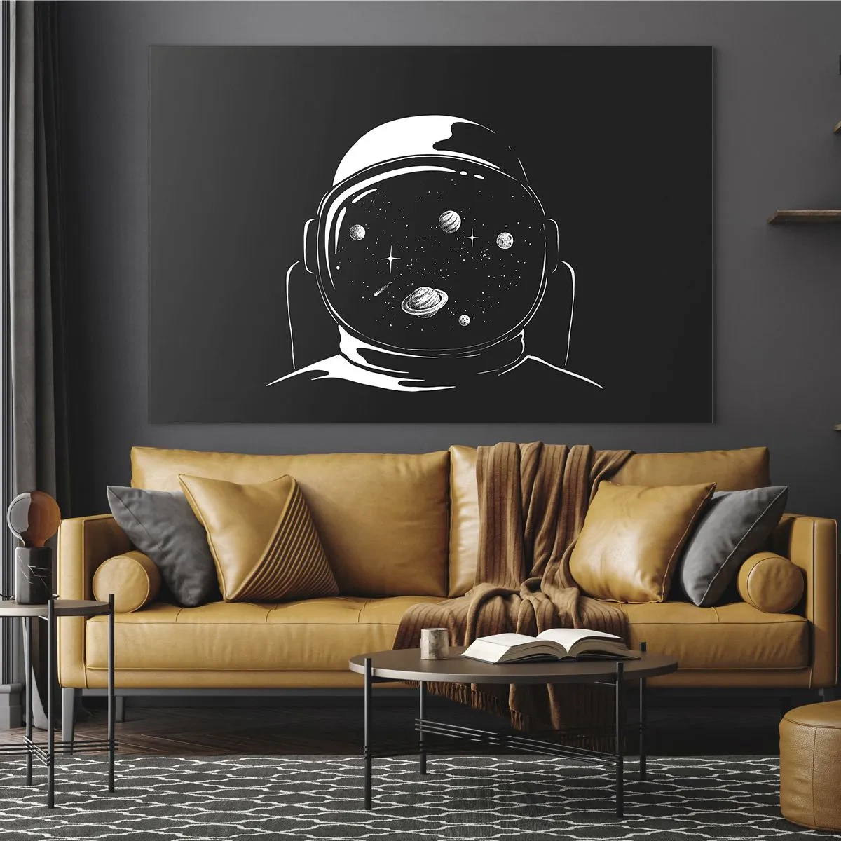 Impression sur verre - Image sur verre - Astronaute avec des étoiles et des planètes dans son casque sur fond noir - 100x70cm - Sympa la vue - Décoration murale moderne pour le salon et la chambre ARTTOR