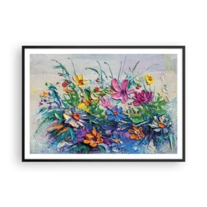 Affiche dans un cadre noir - Poster - Un bouquet de fleurs coloré peint selon la technique de l'empâtement - 100x70cm - Absolument pas une nature morte - Décoration murale moderne pour le salon et la chambre ARTTOR