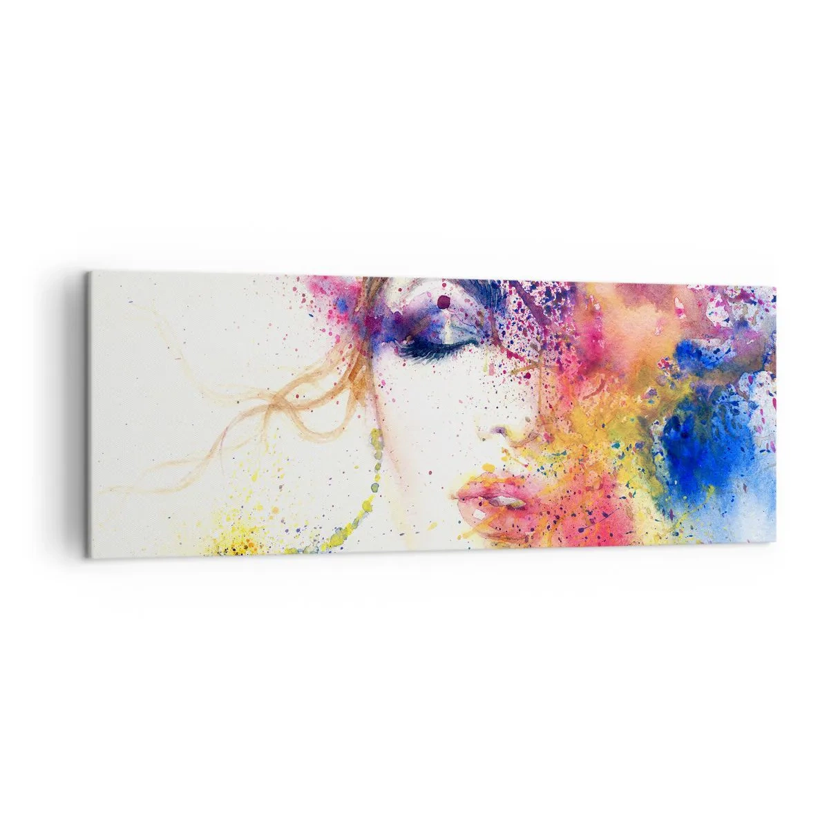 Impression sur toile - Image sur toile - Un portrait artistique d'une femme aux couleurs aquarelles expressives. - 140x50cm - Vertiges arc-en-ciel - Décoration murale moderne pour le salon et la chambre ARTTOR
