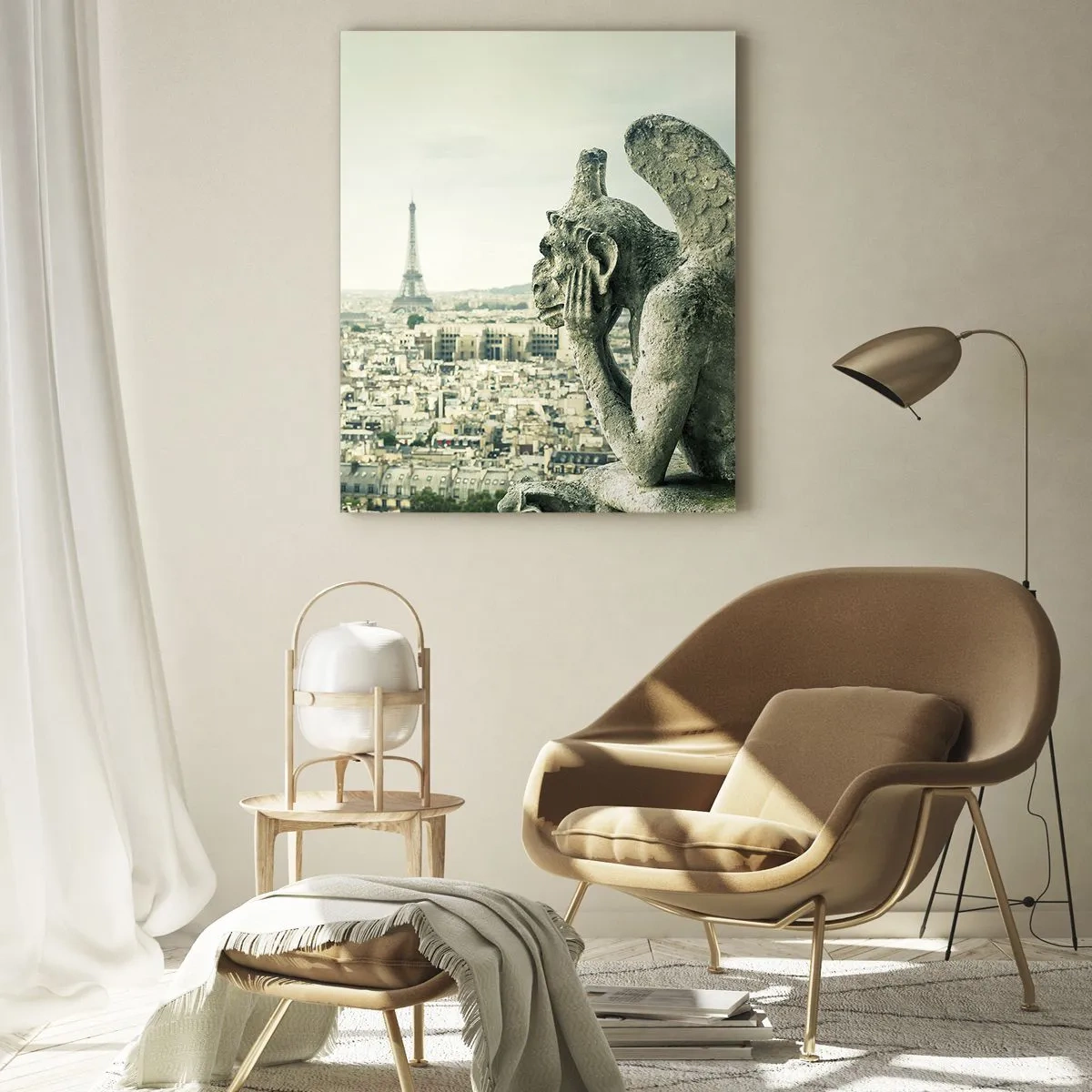Impression sur verre - Image sur verre - Gargouilles sur Paris avec vue sur la Tour Eiffel - 50x70cm - Bavardage parisien - Décoration murale moderne pour le salon et la chambre ARTTOR