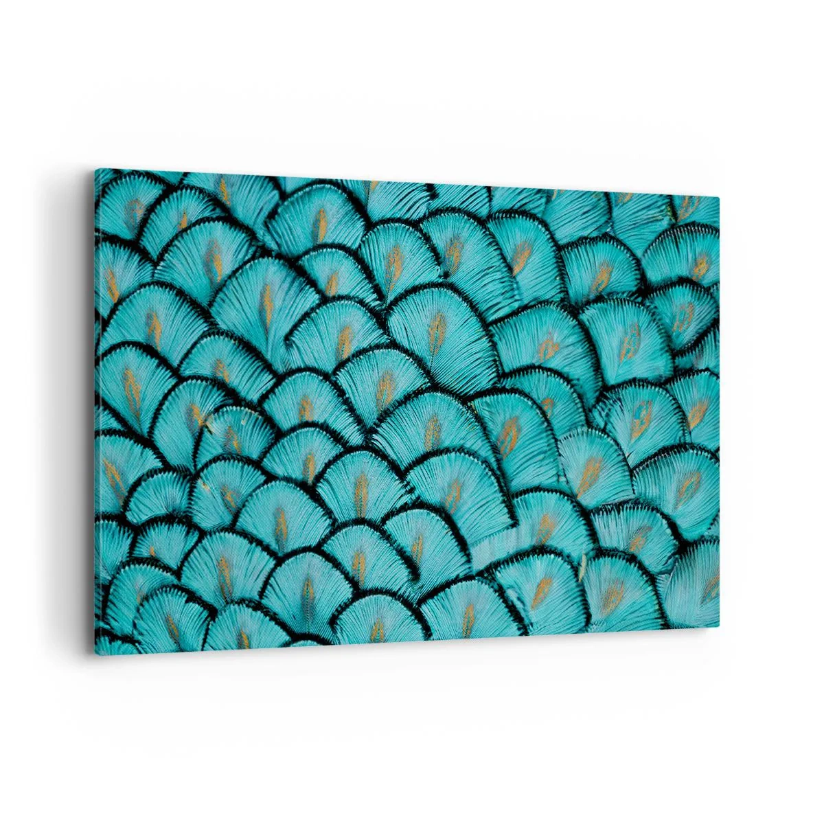 Impression sur toile - Image sur toile - Un motif ressemblant à des écailles turquoise avec des accents dorés - 120x80cm - Le grand gala des plumes - Décoration murale moderne pour le salon et la chambre ARTTOR