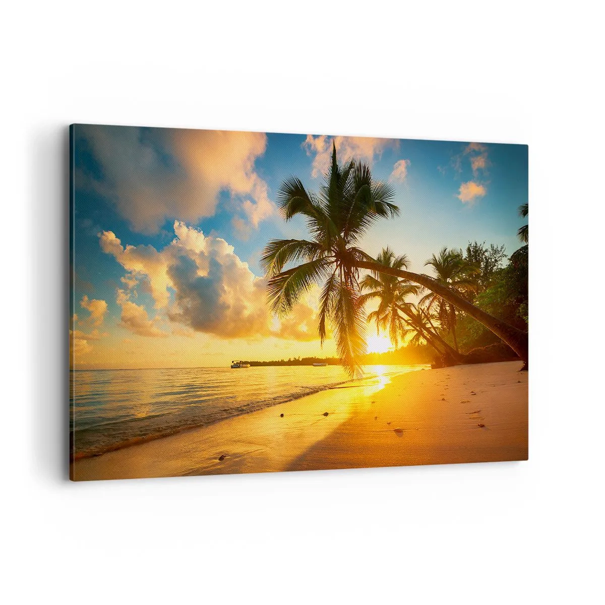 Impression sur toile - Image sur toile - Plage au coucher du soleil avec des palmiers au bord de la mer - 120x80cm - Rêve caribéen - Décoration murale moderne pour le salon et la chambre ARTTOR