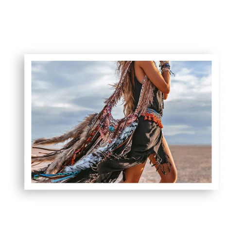 Affiche - Poster - Une femme dans un style bohème avec des détails de plumes et de bijoux - 100x70cm - La fille du chaman - Décoration murale moderne pour le salon et la chambre ARTTOR