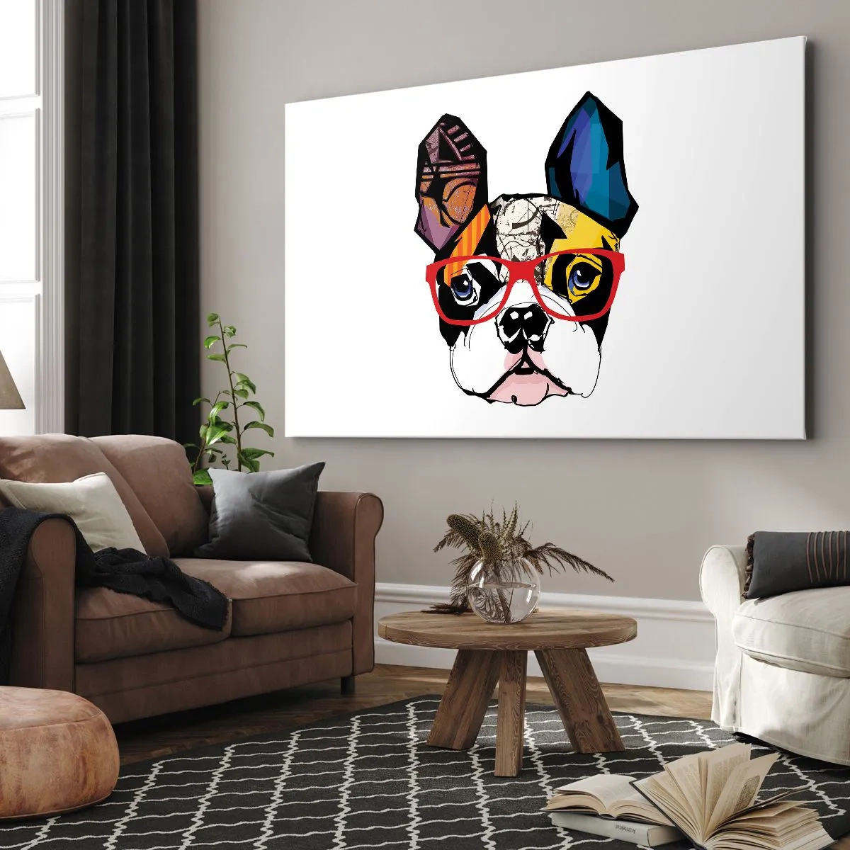 Impression sur toile - Image sur toile - Bouledogue dans une illustration colorée avec des lunettes rouges - 70x50cm - Intellectuel - Décoration murale moderne pour le salon et la chambre ARTTOR