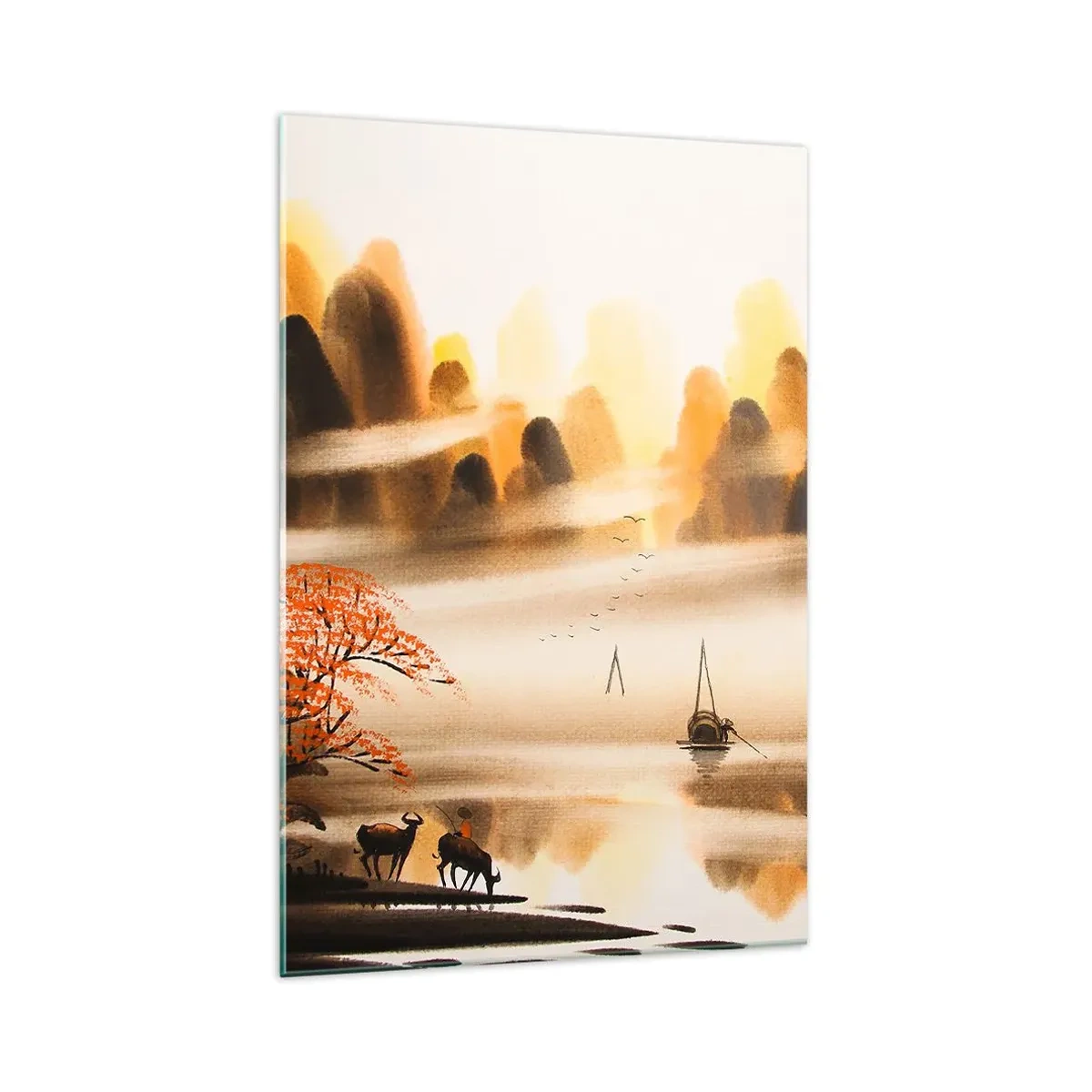 Impression sur verre - Image sur verre - Un paysage oriental avec une rivière, des montagnes et un doux brouillard. - 70x100cm - Plus loin que l'Extrême-Orient - Décoration murale moderne pour le salon et la chambre ARTTOR