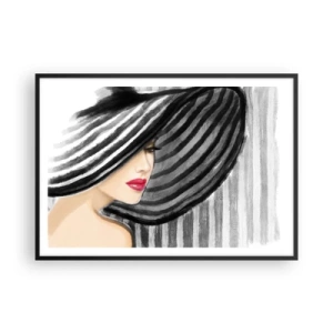 Affiche dans un cadre noir - Poster - Femme portant un chapeau noir et blanc avec une touche rouge - 100x70cm - Où te chercher ? - Décoration murale moderne pour le salon et la chambre ARTTOR