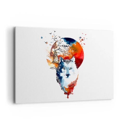 Impression sur toile - Image sur toile - Aquarelle abstraite d'un loup sur fond de lune rouge - 100x70cm - Nez à nez avec la nuit - Décoration murale moderne pour le salon et la chambre ARTTOR