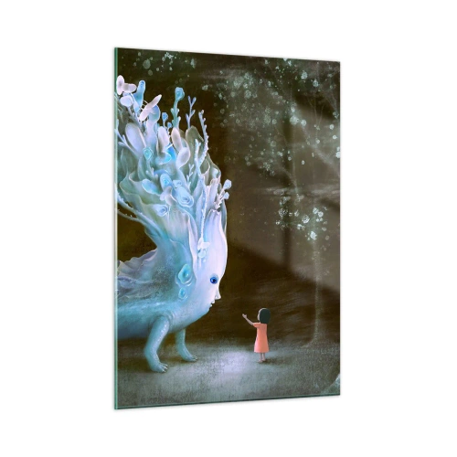 Impression sur verre - Image sur verre - Une fille rencontre une créature magique dans la forêt. - 50x70cm - Une rencontre fantastique - Décoration murale moderne pour le salon et la chambre ARTTOR