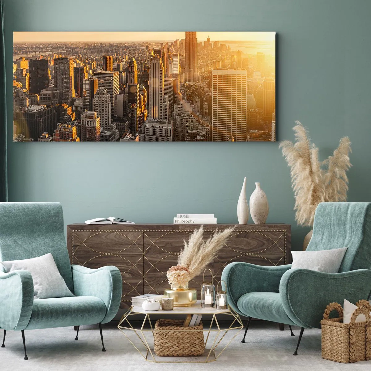 Impression sur toile - Image sur toile - Skyline de New York au coucher du soleil avec vue sur l'Empire State Building - 120x50cm - Grandir au soleil - Décoration murale moderne pour le salon et la chambre ARTTOR