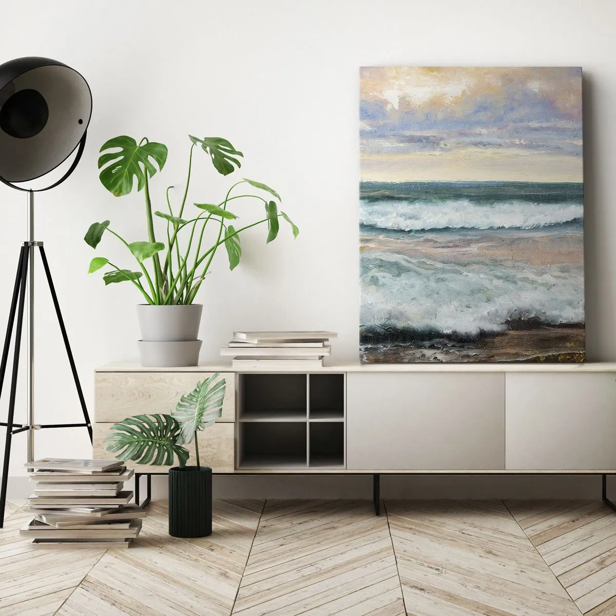 Impression sur toile - Image sur toile - Vagues de la mer contre un ciel nuageux au coucher du soleil - 70x100cm - Ici tu adouciras ton âme - Décoration murale moderne pour le salon et la chambre ARTTOR