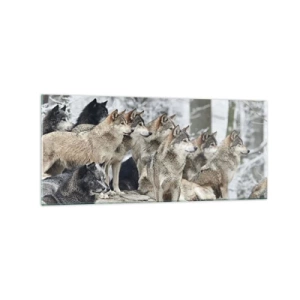 Impression sur verre - Image sur verre - Une meute de loups dans la forêt d'hiver - 120x50cm - Famille et amis - Décoration murale moderne pour le salon et la chambre ARTTOR
