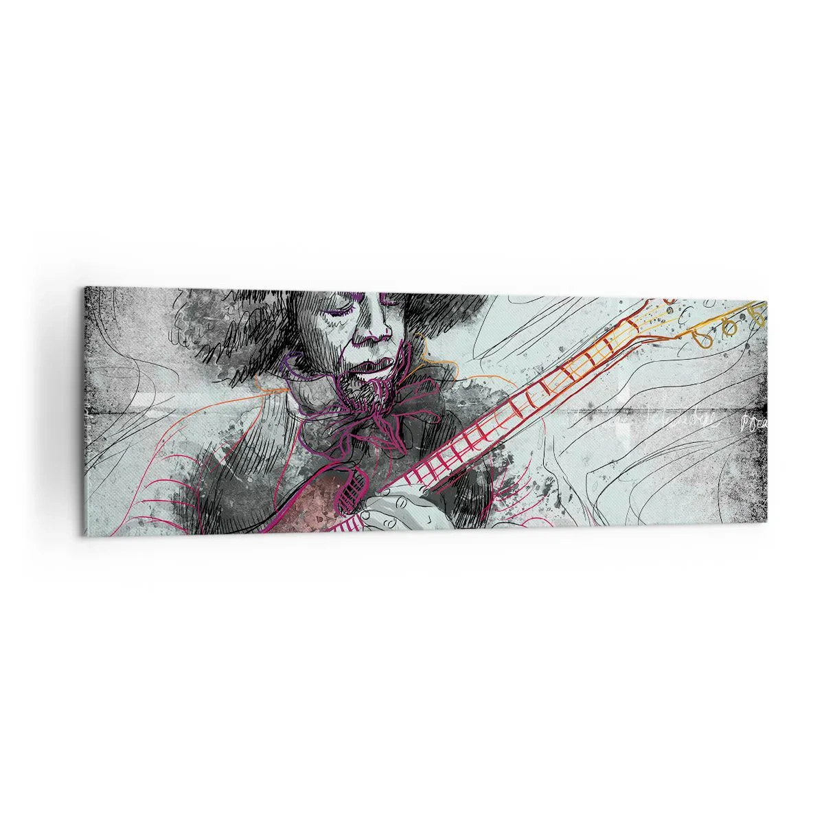 Impression sur toile - Image sur toile - Portrait artistique d'un guitariste en technique d'esquisse - 160x50cm - Sur les vagues de la musique - Décoration murale moderne pour le salon et la chambre ARTTOR