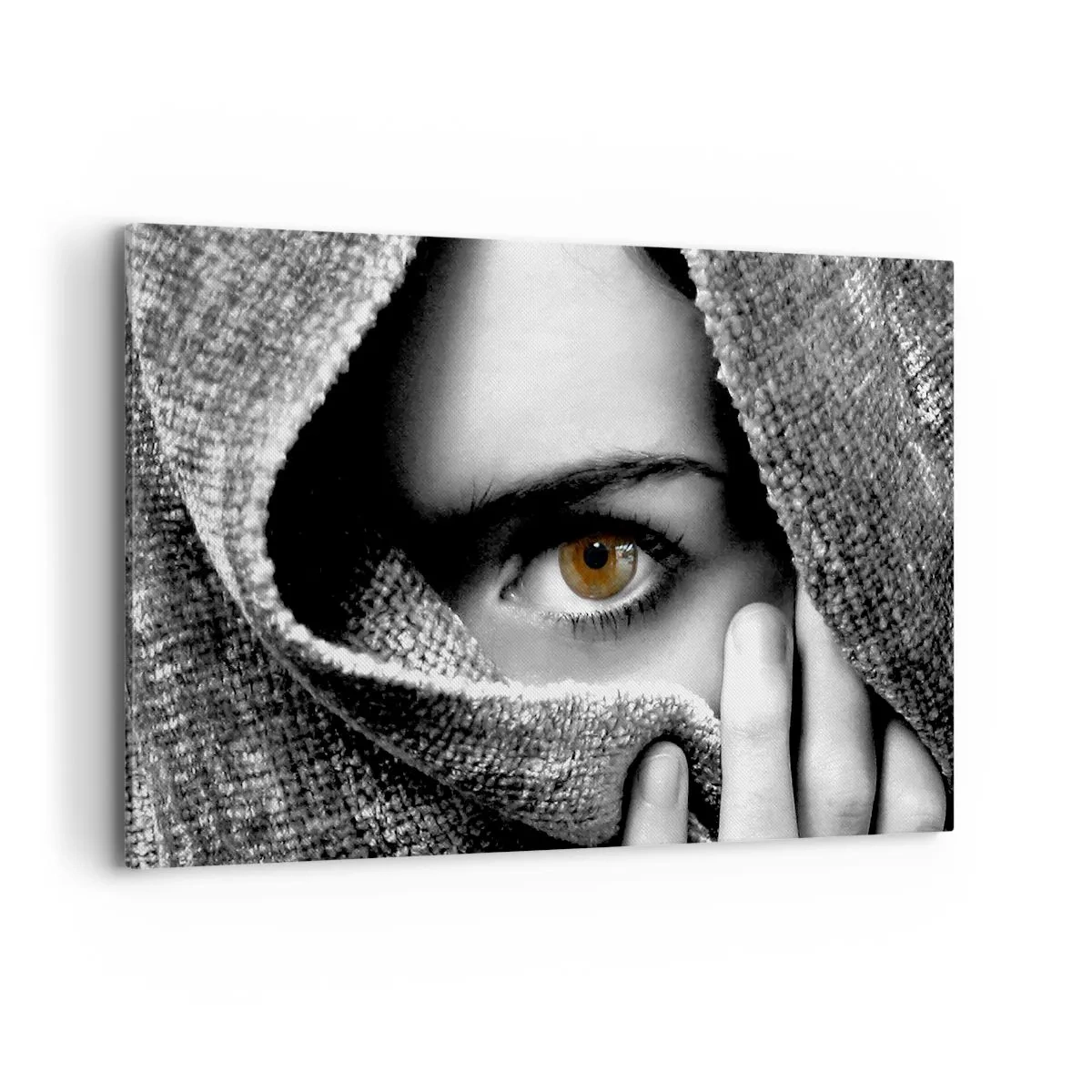 Impression sur toile - Image sur toile - Portrait d'une femme à l'oeil ambré recouvert d'un tissu aux tons gris. - 120x80cm - Apprenez le secret - Décoration murale moderne pour le salon et la chambre ARTTOR