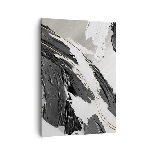 Impression sur toile - Image sur toile - Coups de pinceau noirs et blancs avec une subtile touche dorée - 50x70cm - L'abstraction à grande échelle - Décoration murale moderne pour le salon et la chambre ARTTOR