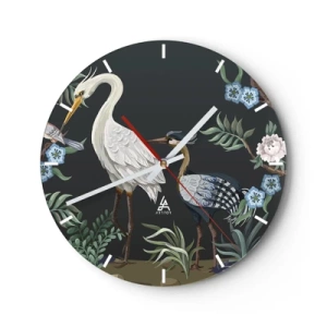 Horloge murale - Pendule murale - Oiseaux décoratifs parmi des plantes sur fond sombre - 30x30cm - Parade d'oiseaux - Décoration murale moderne pour le salon, la cuisine et la chambre ARTTOR