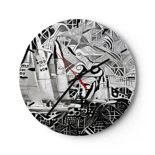 Horloge murale - Pendule murale - Vagues abstraites en noir et blanc avec des éléments géométriques - 30x30cm - Entre les vagues - Décoration murale moderne pour le salon, la cuisine et la chambre ARTTOR
