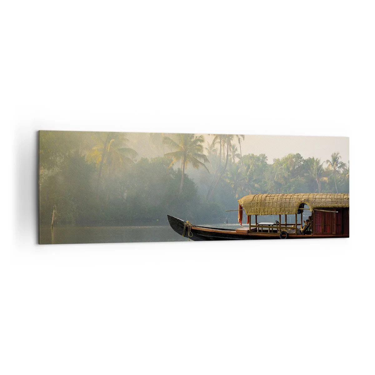 Impression sur toile - Image sur toile - Un bateau traditionnel sur une rivière calme parmi les palmiers - 160x50cm - Maison sur la rivière - Décoration murale moderne pour le salon et la chambre ARTTOR