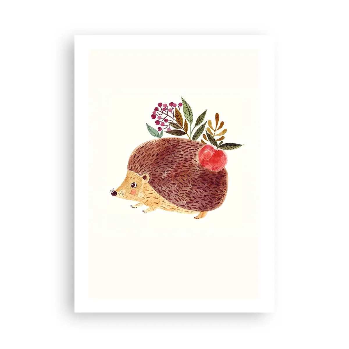 Affiche - Poster - Un hérisson mignon avec une pomme et des brindilles sur un fond clair - 50x70cm - Et tu m’apprécies déjà - Décoration murale moderne pour le salon et la chambre ARTTOR