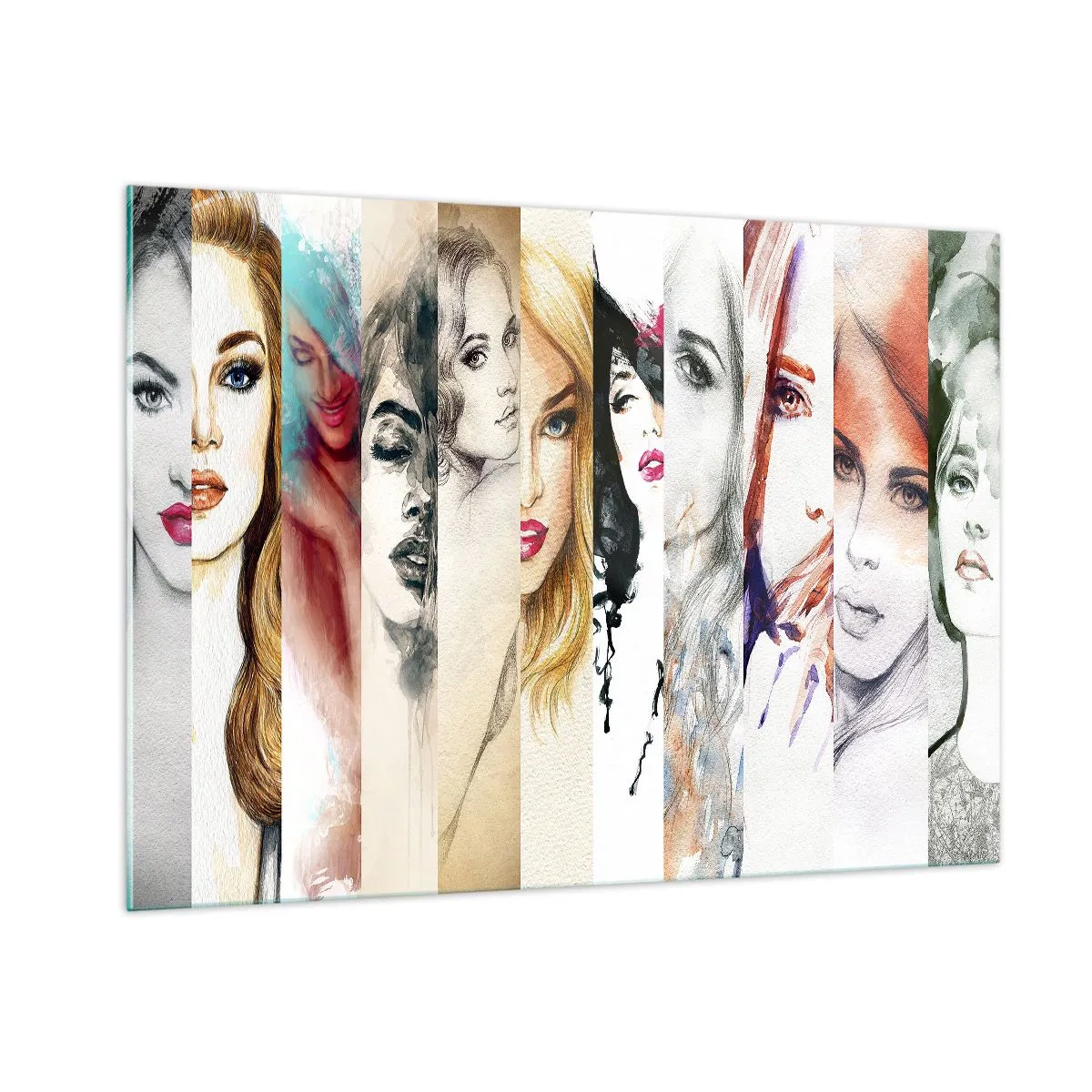 Impression sur verre - Image sur verre - Un collage de portraits de femmes dans divers styles artistiques. - 100x70cm - Et c'est toujours TOI - Décoration murale moderne pour le salon et la chambre ARTTOR