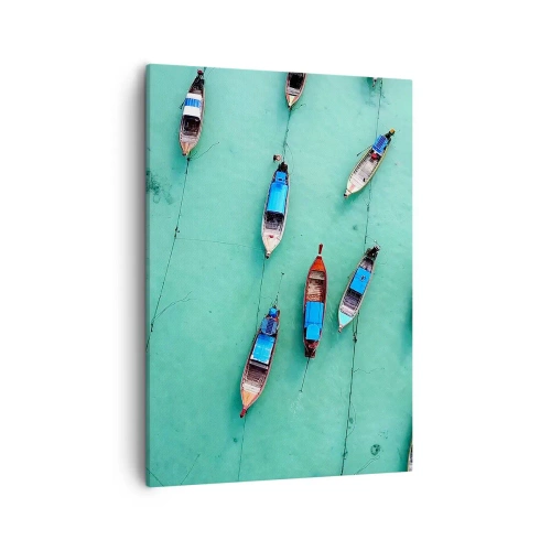 Impression sur toile - Image sur toile - Vue aérienne de bateaux sur une eau turquoise - 50x70cm - Dans une attente jouyeuse - Décoration murale moderne pour le salon et la chambre ARTTOR