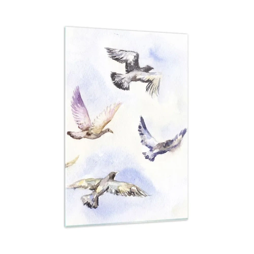 Impression sur verre - Image sur verre - Oiseaux à l'aquarelle en vol sur un ciel délicat - 80x120cm - Liberté en gris et bleu - Décoration murale moderne pour le salon et la chambre ARTTOR