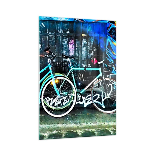 Impression sur verre - Image sur verre - Un vélo de ville sur fond de graffitis et d'ambiance néon - 50x70cm - L'appel de la ville  - Décoration murale moderne pour le salon et la chambre ARTTOR