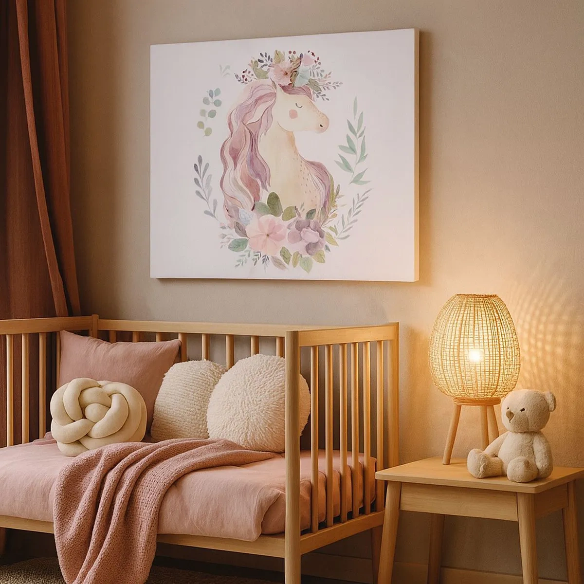 Impression sur toile - Image sur toile - Une licorne aux couleurs pastel entourée de fleurs - 70x50cm - Invitation au monde des contes de fées - Décoration murale moderne pour le salon et la chambre ARTTOR