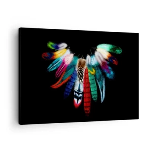 Impression sur toile - Image sur toile - Plumes colorées sur fond noir dans une composition artistique - 70x50cm - Collier indien - Décoration murale moderne pour le salon et la chambre ARTTOR