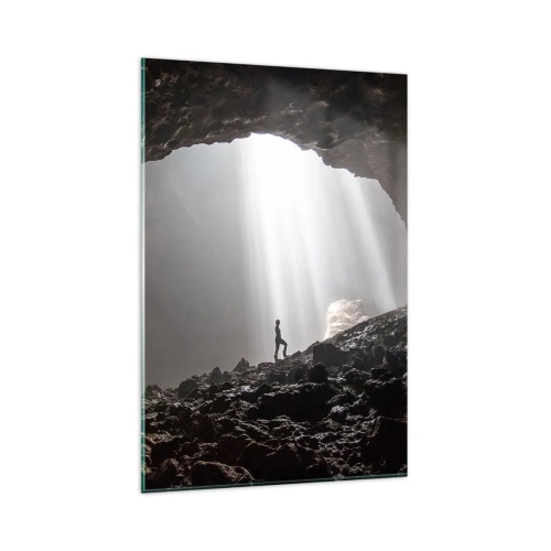 Impression sur verre - Image sur verre - Une figure dans une grotte éclairée par des rayons de lumière - 80x120cm - Grotte lumineuse - Décoration murale moderne pour le salon et la chambre ARTTOR