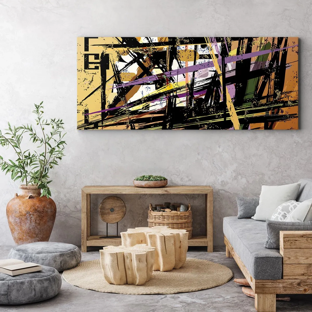 Impression sur toile - Image sur toile - Lignes et formes abstraites sur fond beige - 160x50cm - Une coupe nette - Décoration murale moderne pour le salon et la chambre ARTTOR