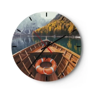 Horloge murale - Pendule murale - Vue depuis le bateau sur un lac entouré de montagnes et de forêts - 30x30cm - Escapade en montagne - Décoration murale moderne pour le salon, la cuisine et la chambre ARTTOR