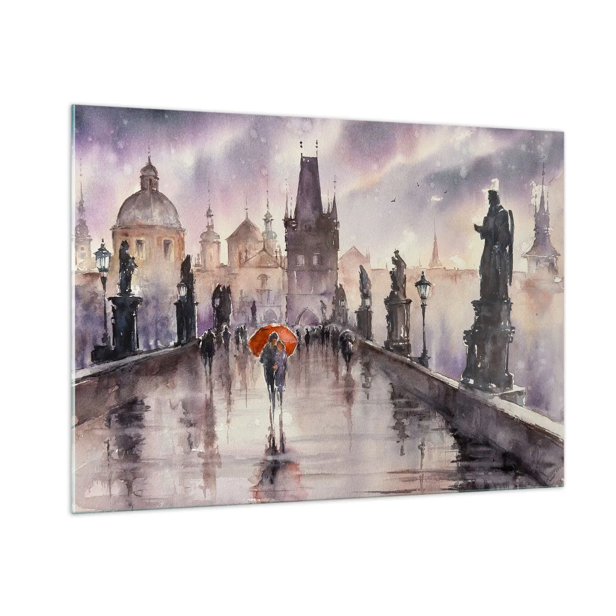 Impression sur verre - Image sur verre - Marcher sous la pluie sur un pont avec un parapluie orange - 100x70cm - Les gens ne changent pas - Décoration murale moderne pour le salon et la chambre ARTTOR