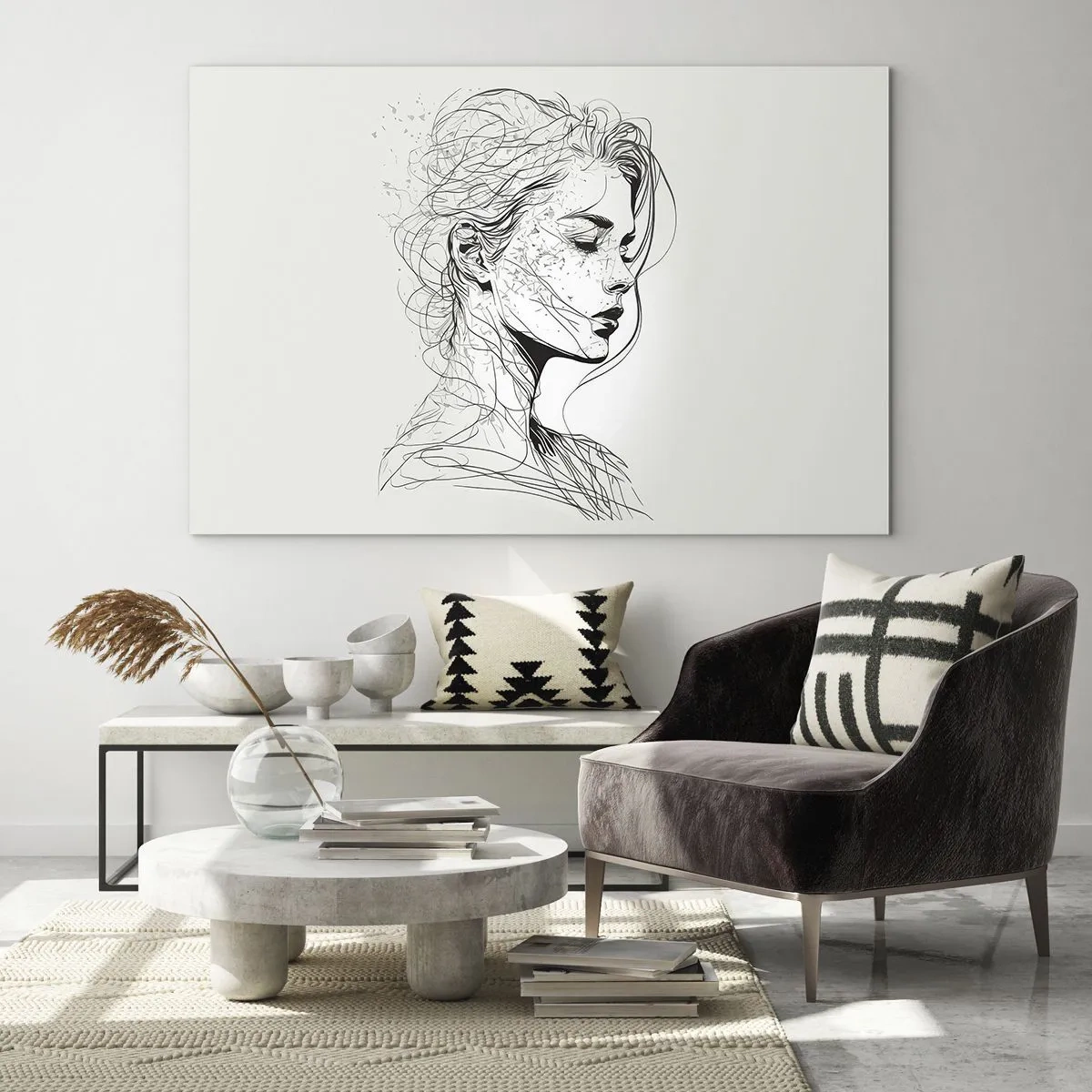 Impression sur verre - Image sur verre - Un croquis en noir et blanc d'une femme aux yeux fermés dans une ligne délicate. - 70x50cm - Portrait en pensée - Décoration murale moderne pour le salon et la chambre ARTTOR