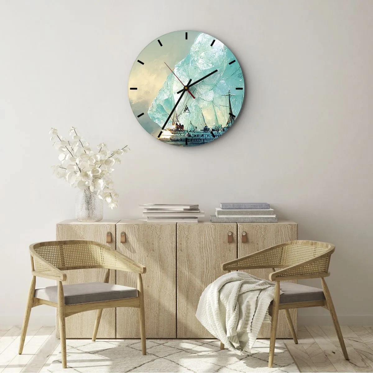 Horloge murale - Pendule murale - Un navire parmi des icebergs bleus contre le ciel - 30x30cm - Diamant arctique - Décoration murale moderne pour le salon, la cuisine et la chambre ARTTOR