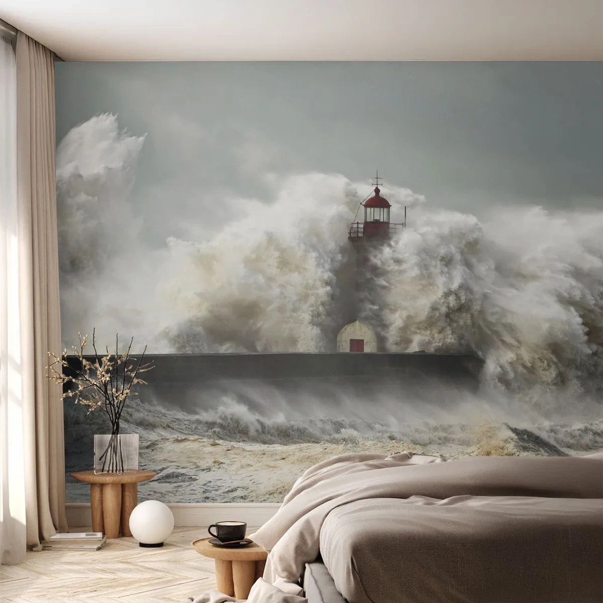 Papier Peint Photo Premium Sand - La colère de l'océan - Paysage, Phare, Tempête - 200x140 cm