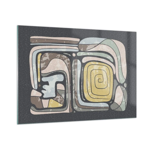 Impression sur verre - Image sur verre - Abstraction géométrique dans des tons terreux sur fond noir - 100x70cm - L'abstraction dans l'esprit précolombien - Décoration murale moderne pour le salon et la chambre ARTTOR