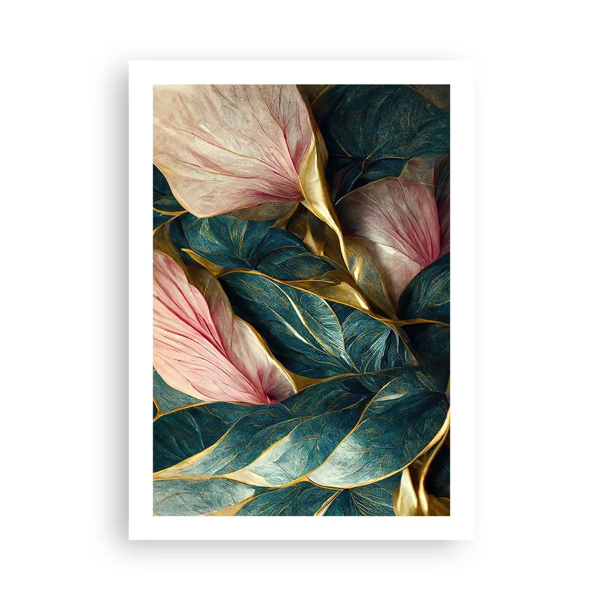 Affiche - Poster - Une élégante composition de feuilles dans des tons de vert, d'or et de rose - 50x70cm - Élégance et style naturels - Décoration murale moderne pour le salon et la chambre ARTTOR