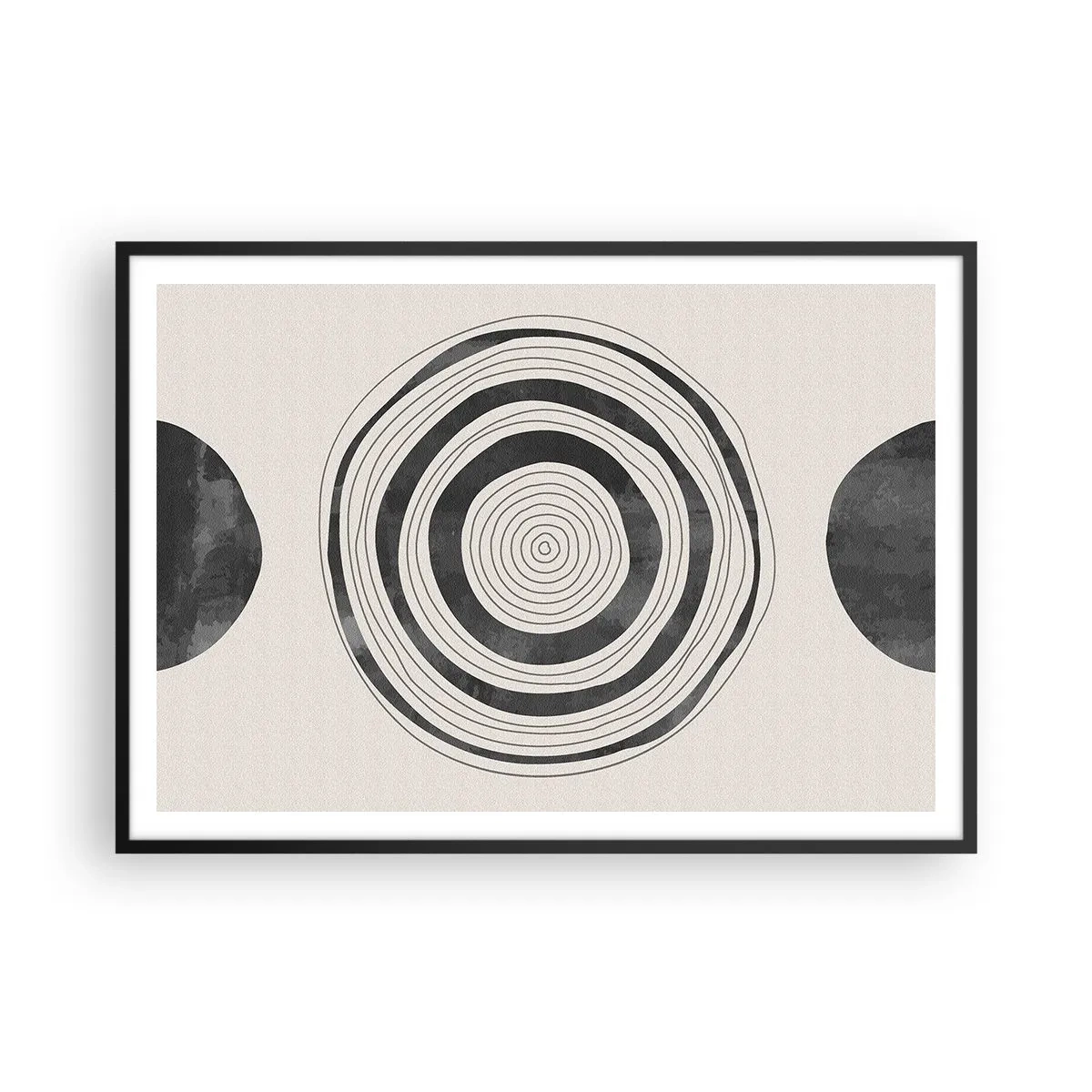 Affiche dans un cadre noir - Poster - Cercles minimalistes noirs et blancs sur fond clair - 100x70cm - Ce qui est important c'est ce qu'il y a entre les deux - Décoration murale moderne pour le salon et la chambre ARTTOR