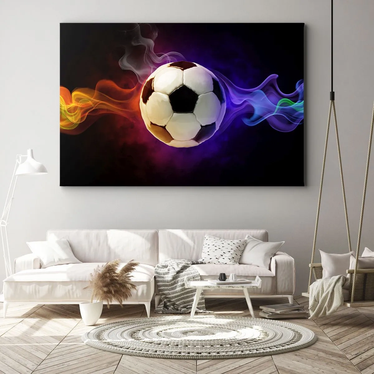 Impression sur toile - Image sur toile - Un ballon de football entouré d'effets de fumée colorés sur un fond sombre. - 70x50cm - Le pouvoir magique du jeu - Décoration murale moderne pour le salon et la chambre ARTTOR