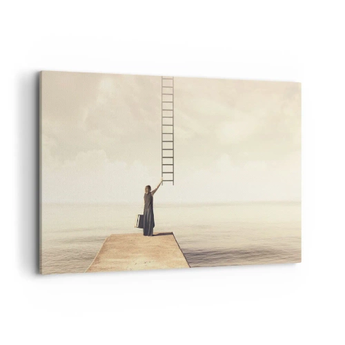 Impression sur toile - Image sur toile - Une femme debout sur une jetée avec une échelle menant au ciel - 100x70cm - Voyage magique - Décoration murale moderne pour le salon et la chambre ARTTOR