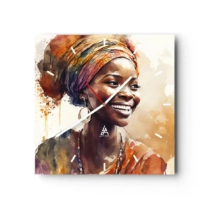 Horloge murale - Pendule murale - Portrait d'une femme souriante dans un foulard coloré à l'aquarelle - 30x30cm - reine africaine - Décoration murale moderne pour le salon et la chambre ARTTOR