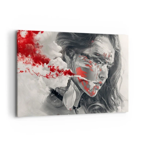 Impression sur toile - Image sur toile - Portrait artistique d'une femme aux accents rouges abstraits - 100x70cm - Dans les fumées de l'absurde - Décoration murale moderne pour le salon et la chambre ARTTOR